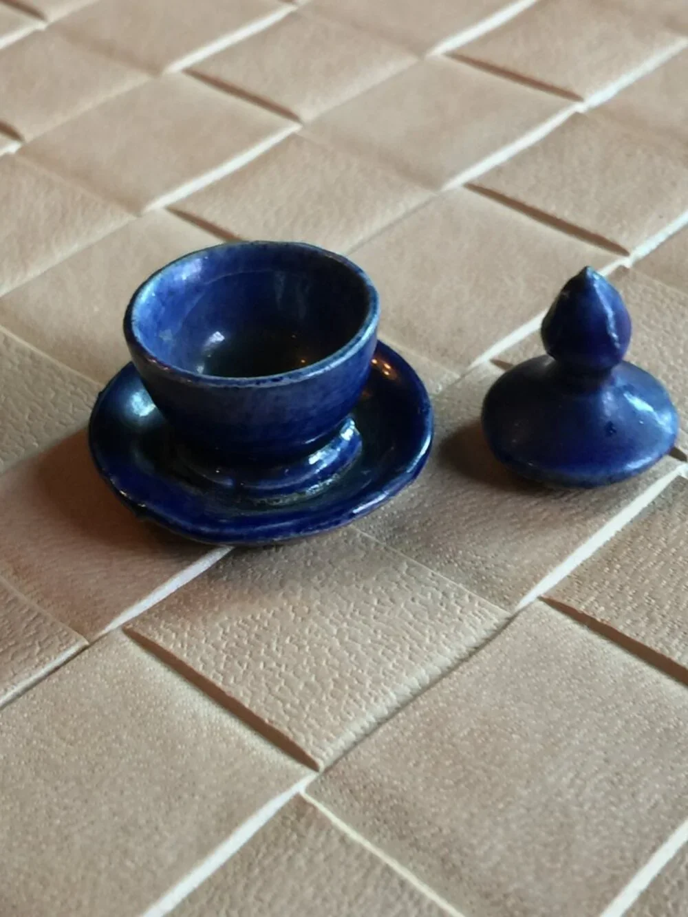 Vintage Japanese Miniature Tea Bowl with Lid Dark Blue 1 1/2